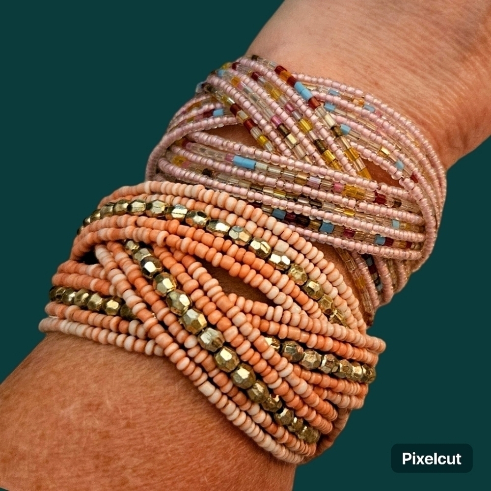 VTG 1990s Pink Braid Beaded Chunky Cuff Bracelets